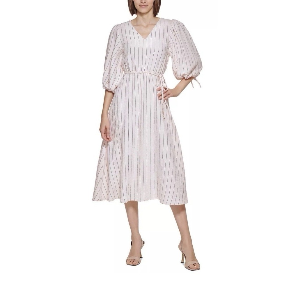 Light Pink Striped V-Neck Midi Dress with Puff Sleeves NWOT